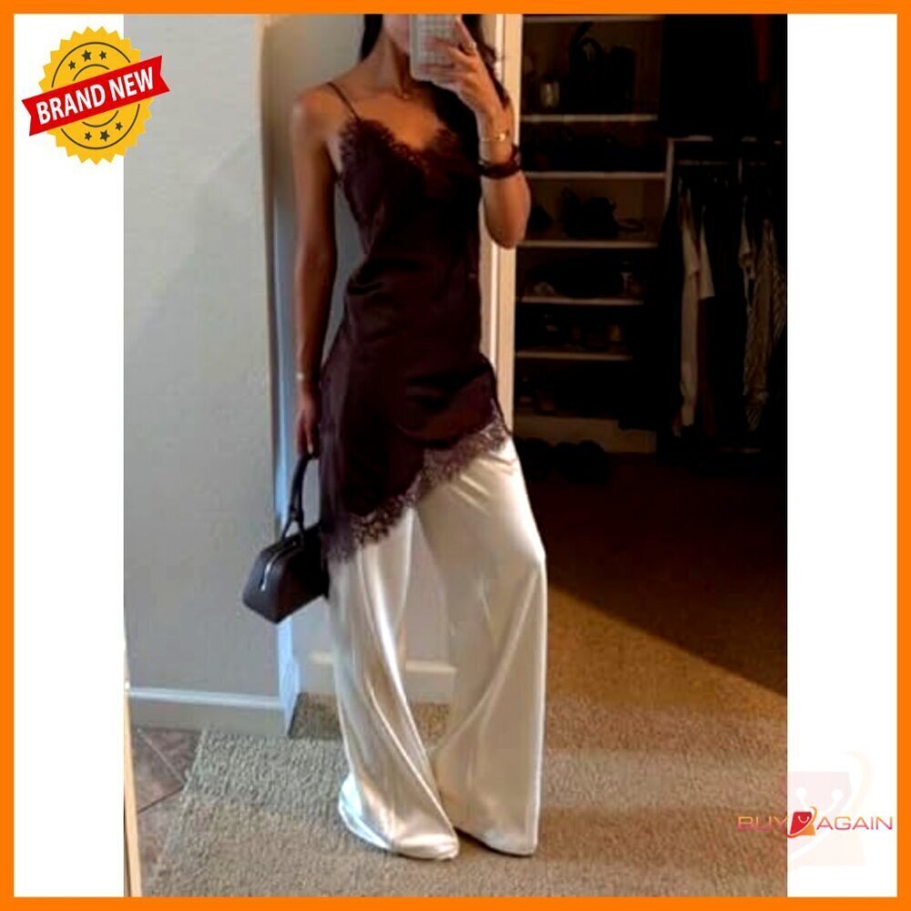Satin Lace Trim Tank Top Long Flowy Boho Y2K Streetwear Elegant Layering - Picture 2 of 5